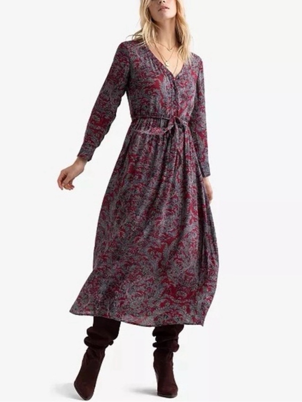 Lucky Brand Red & Grey Paisley Boho-Chic V-Neck Long-Sleeve Maxi Dress 70’s L